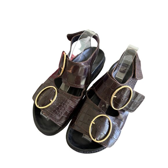 ASRA Womens Brown Croc-Embossed Chunky Sandals With Gold Buckles - Picture 11 of 15